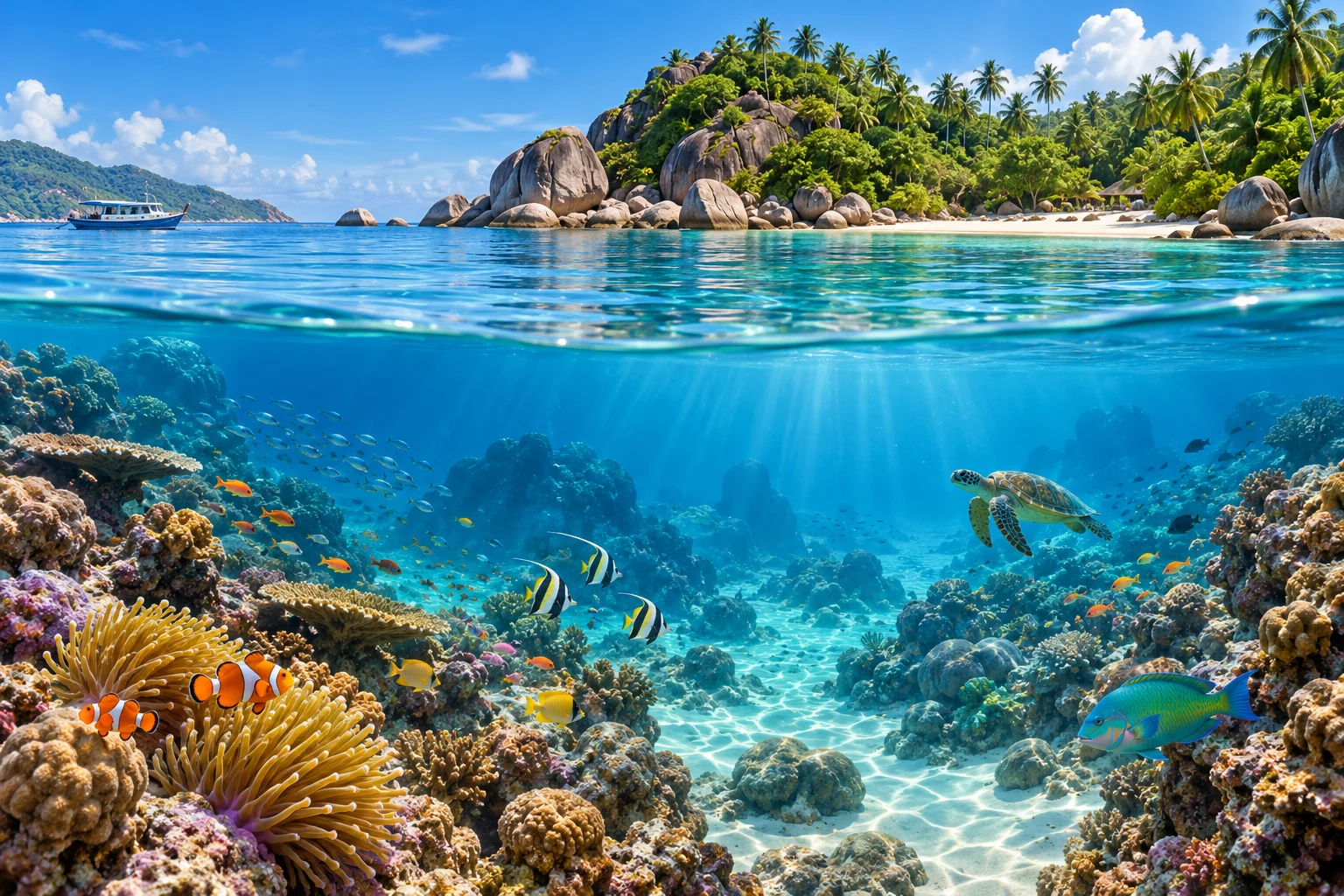 Illustration of calm turquoise sea above a sunlit tropical reef with fish and a turtle.