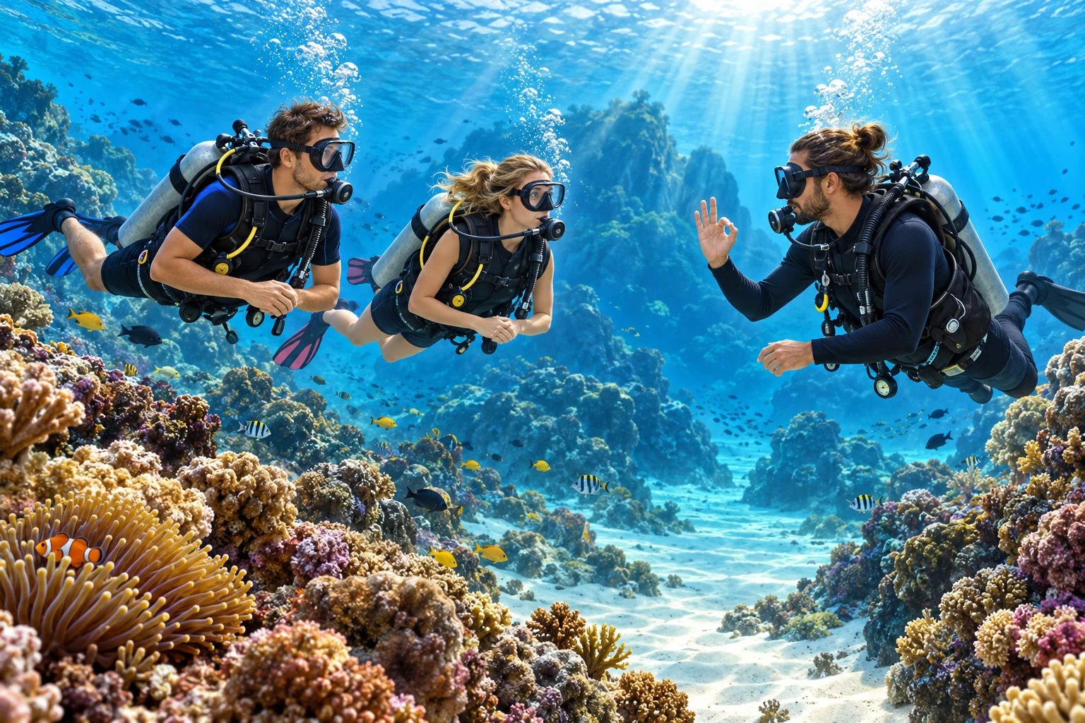 Illustration of two Open Water students and their instructor exchanging an OK signal above a tropical reef.